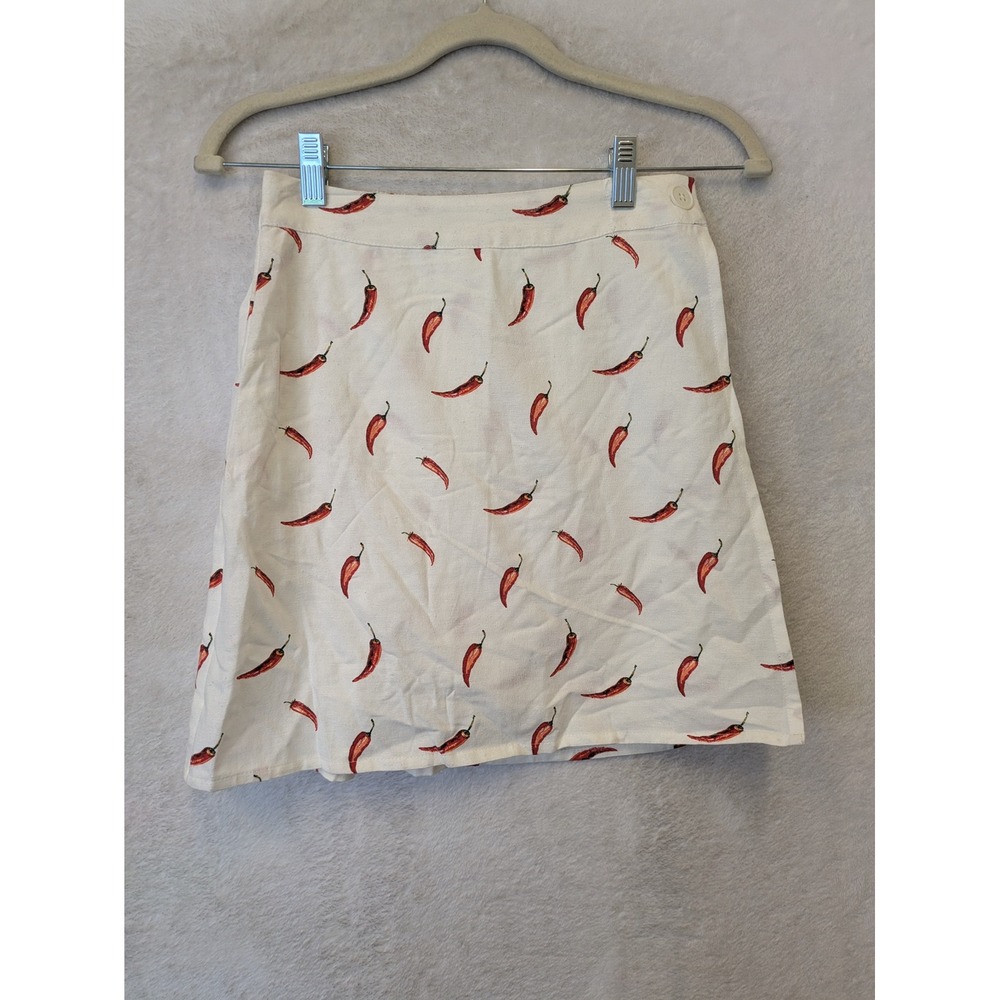 NEW Midnight Sky Mini Skirt Women's XS Cream Red Chili Pepper Print Linen Blend